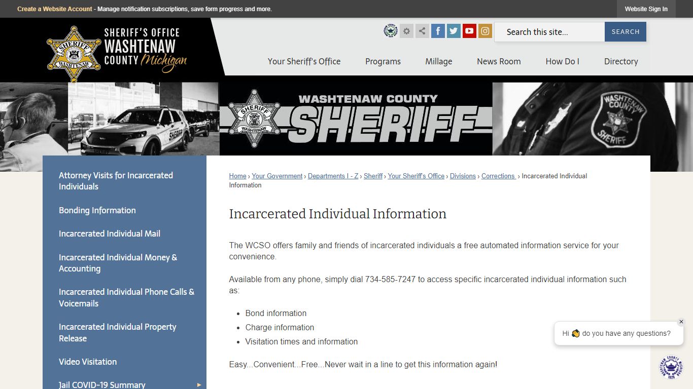 Incarcerated Individual Information | Washtenaw County, MI